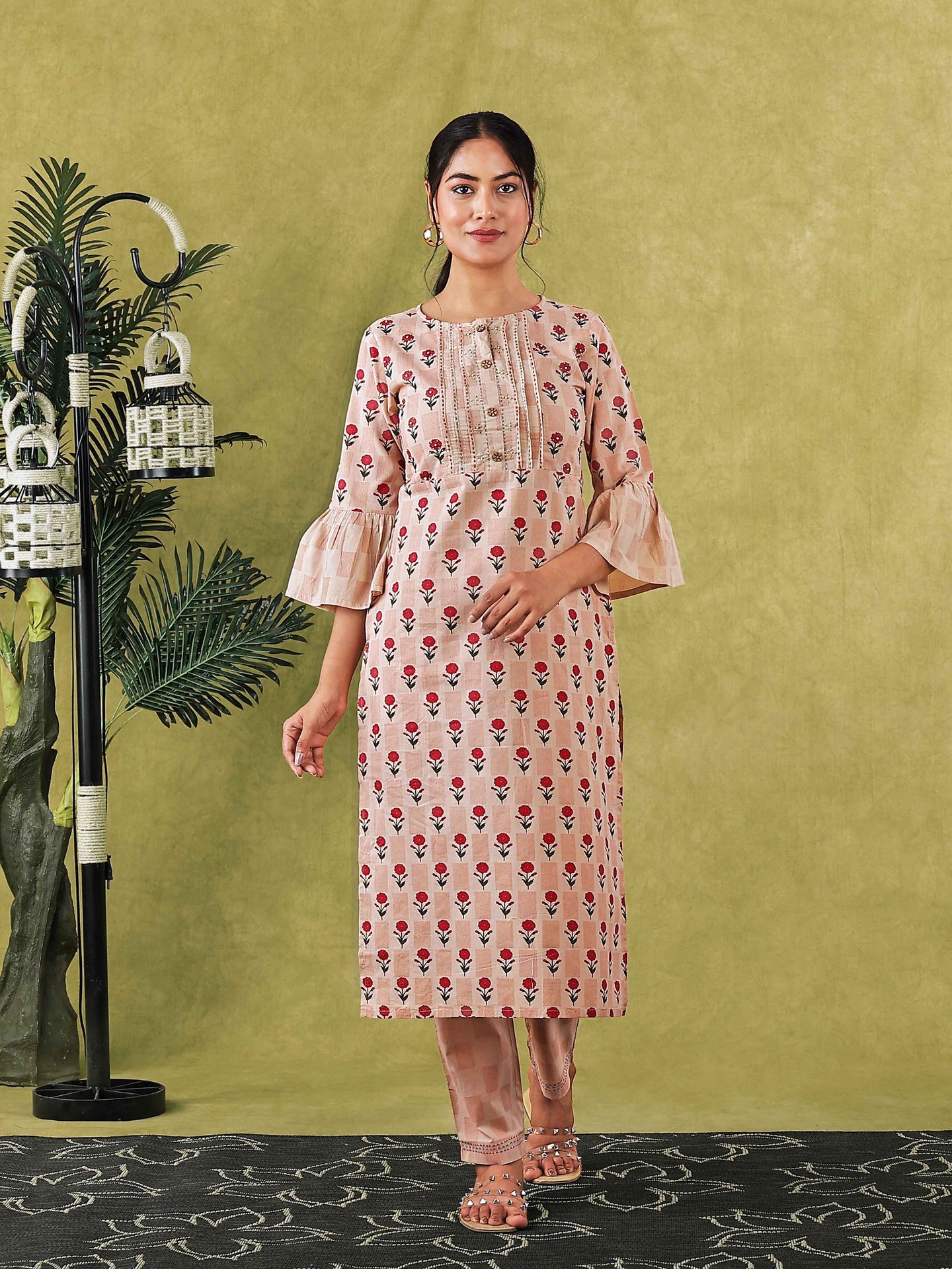 Peach Floral Printed Flared Sleeve Women Kurta Set with Embroidery at Yoke